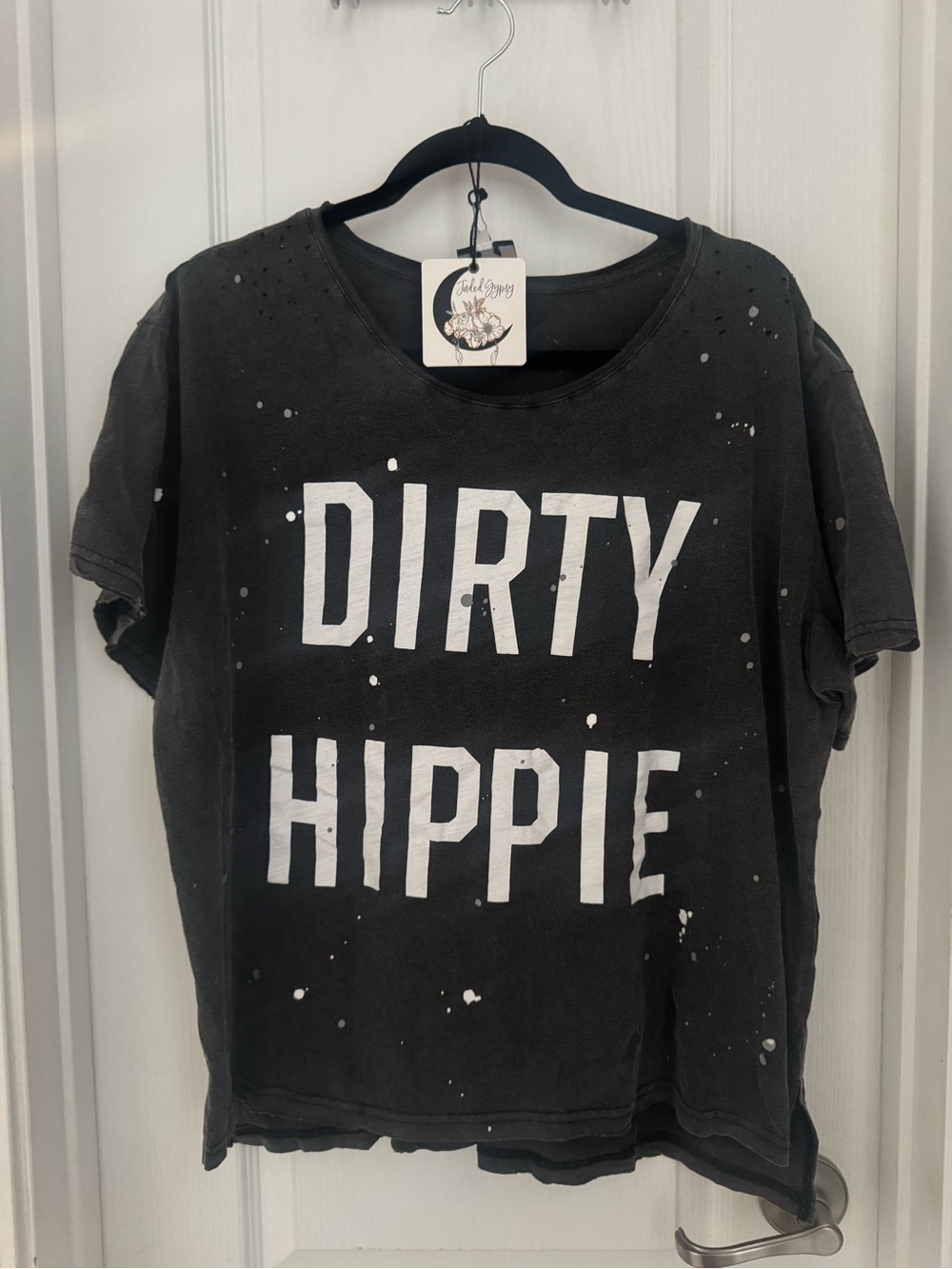 Jaded Gypsy Dirty Hippie Tee Distressed Tee in Charcoal Grey & White Size L/XL N